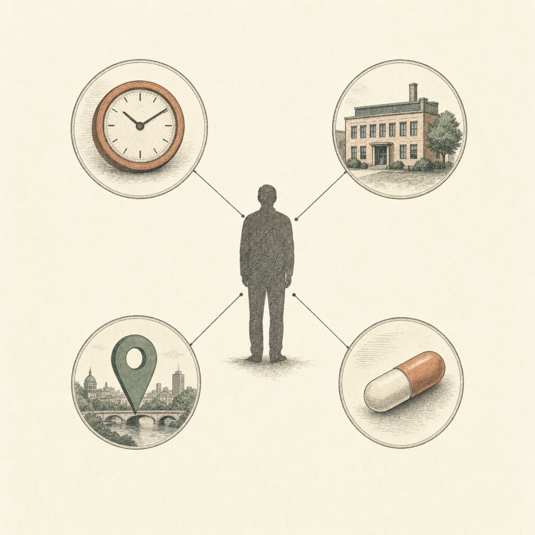 A single figure pinpointed by four ordinary attributes — age, workplace, city, medication — each harmless alone but together identifying one person.
