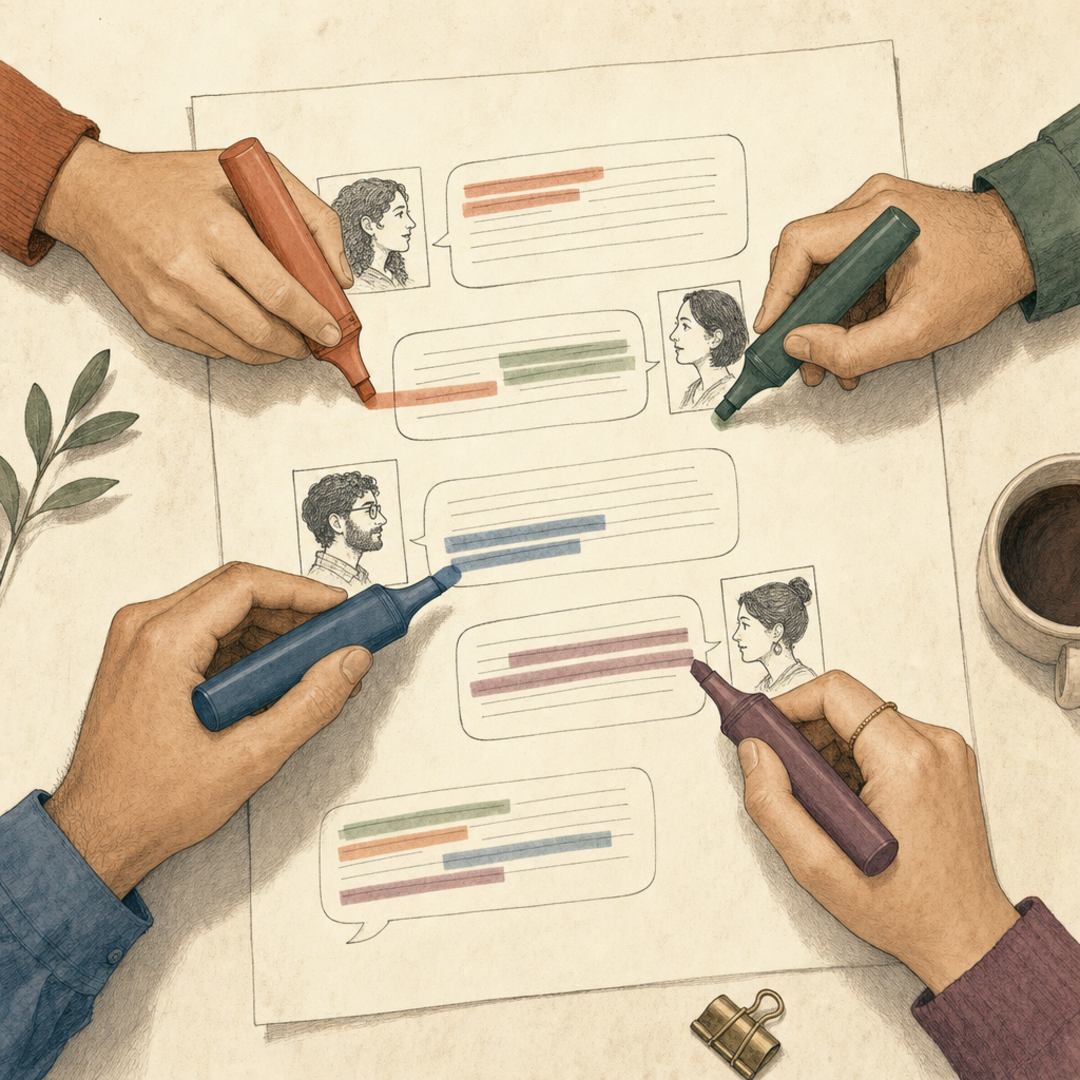 Several hands, each with a different coloured highlighter, independently marking the same transcript — collaborative annotation.
