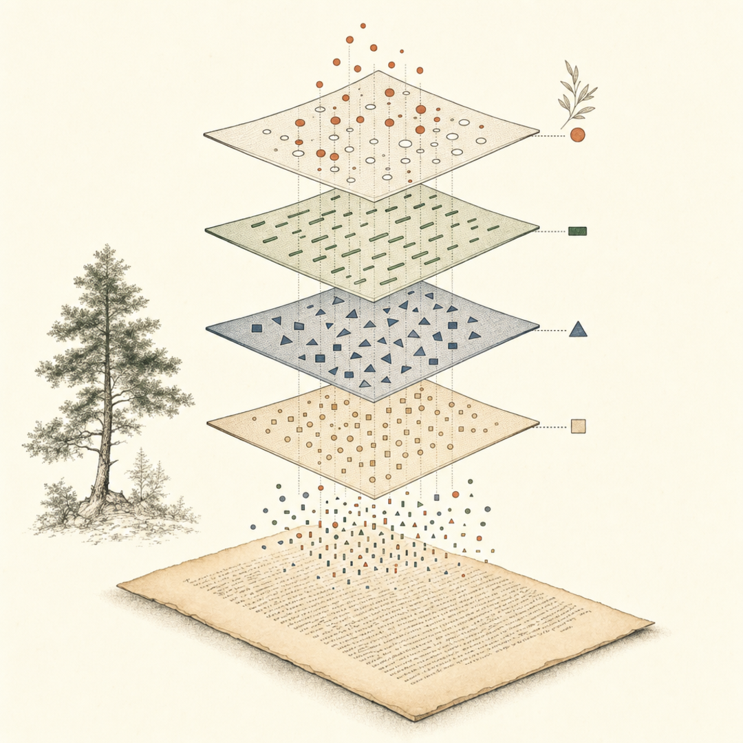 A stack of translucent detector layers over a page of text; each layer catches different kinds of marks as they pass through.
