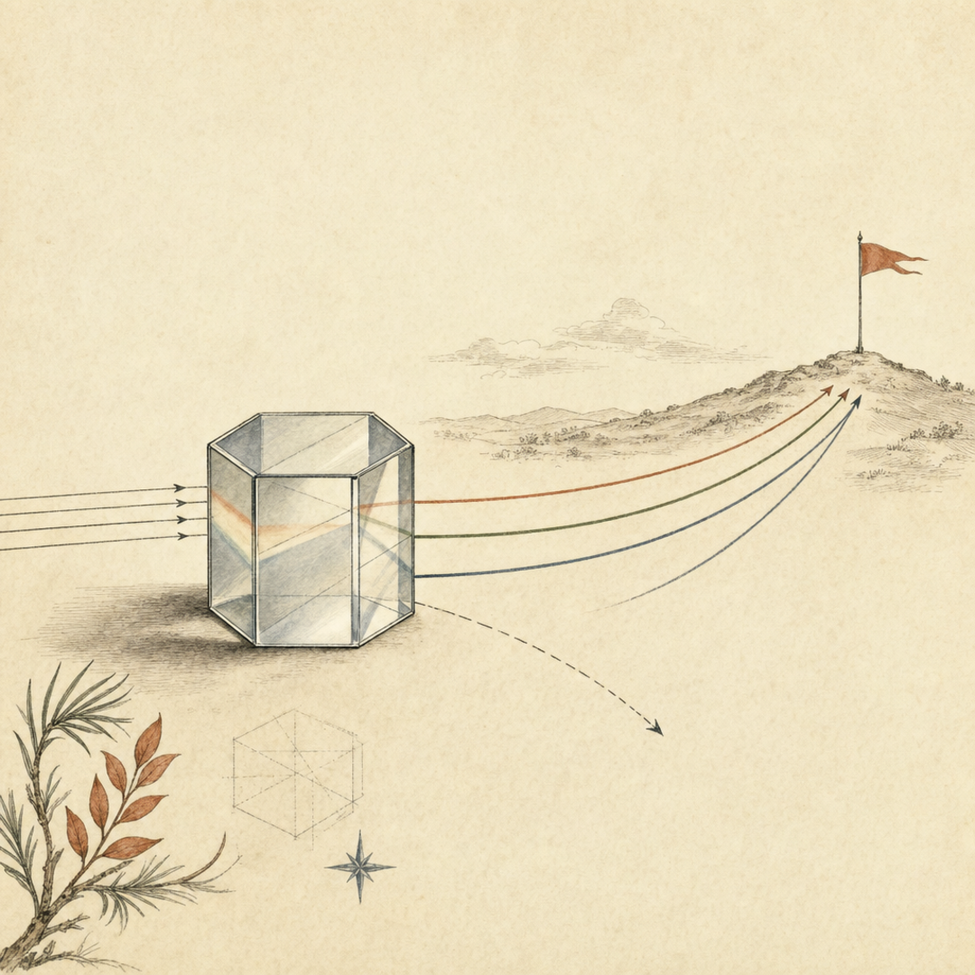A six-sided prism bending thin arrows toward a distant flag, one arrow turning away.