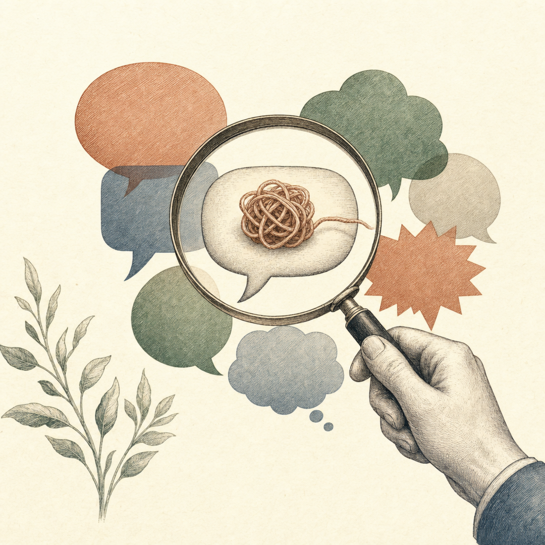A magnifying glass over a speech bubble revealing a small tangled knot of thread.