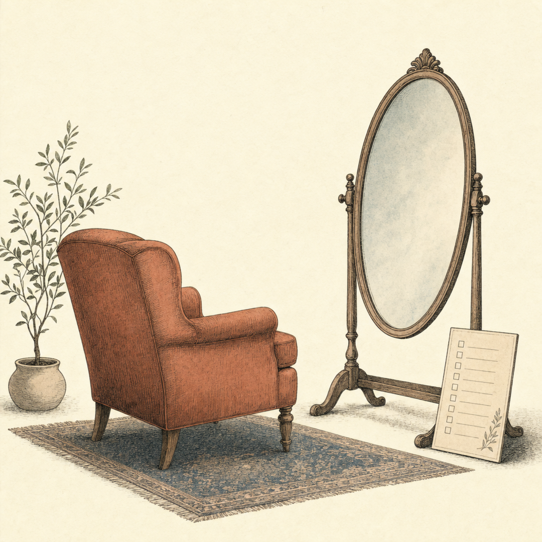 An empty therapist armchair facing a hand mirror, a small checklist card at its base.