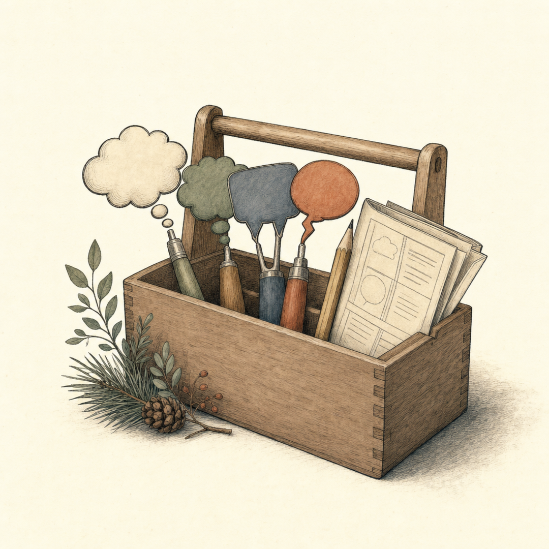 A small wooden toolbox holding tools shaped like thought bubbles and a worksheet.