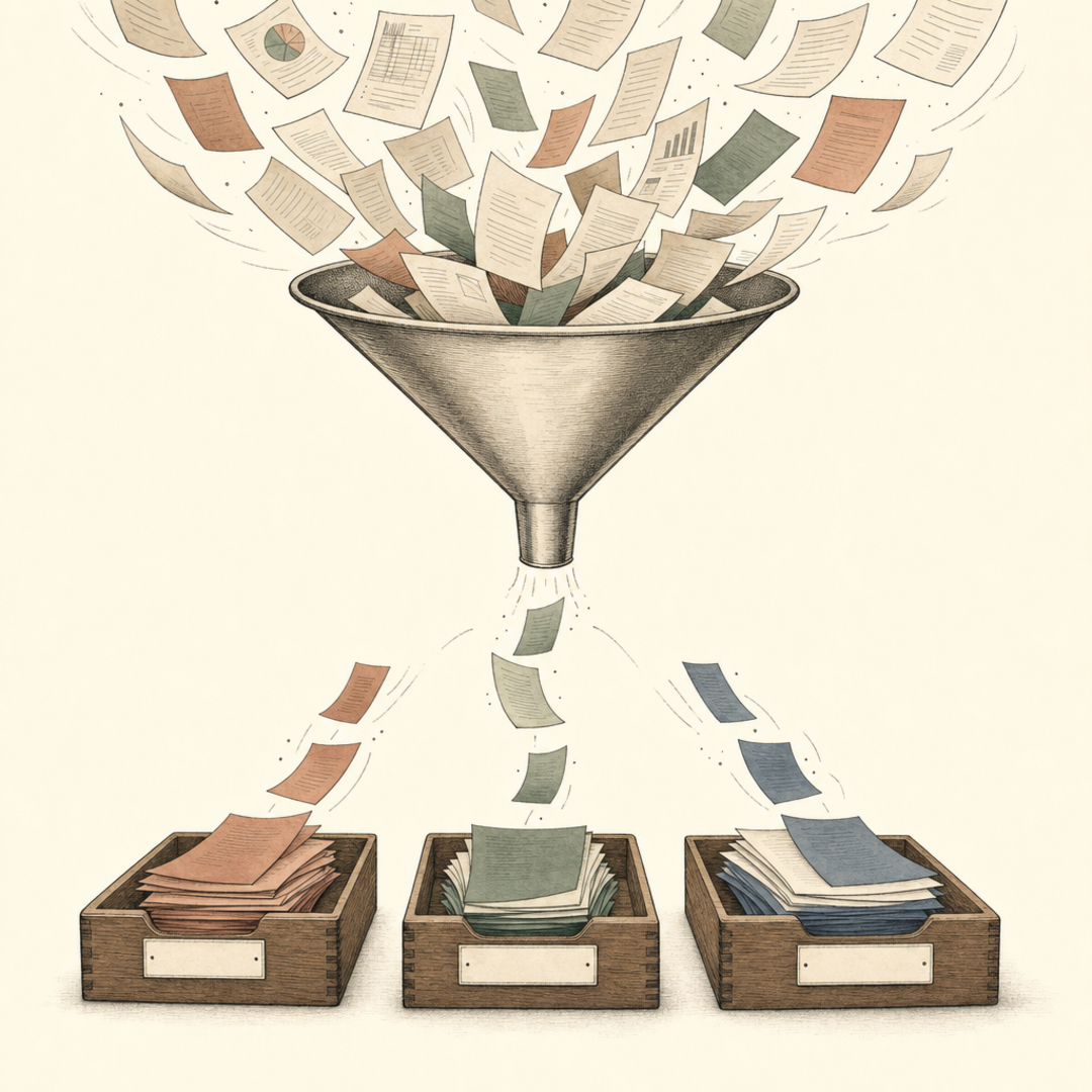 A wide funnel sorting falling sheets of paper into three wooden trays.