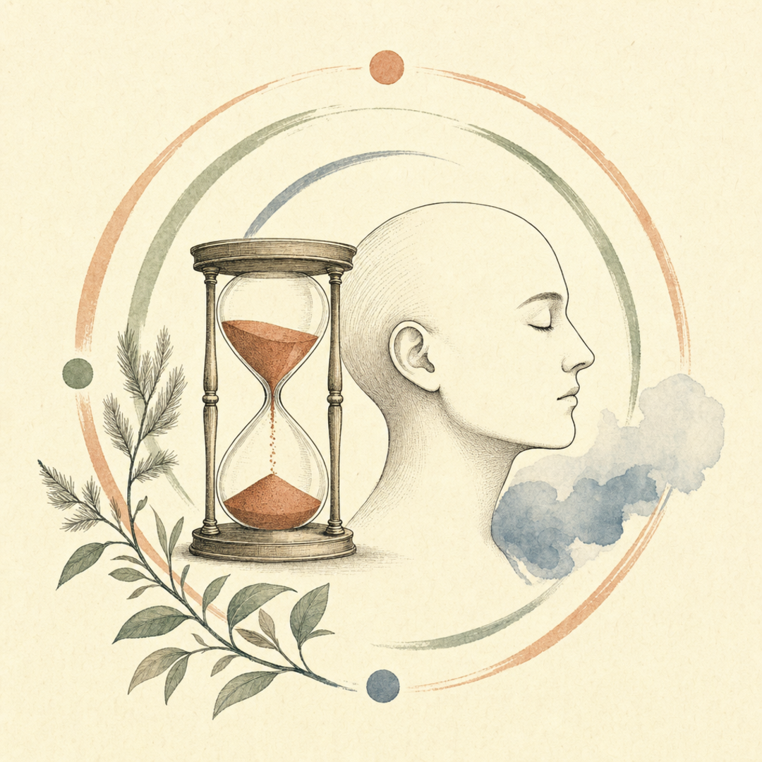 An hourglass beside a calm head in profile, a soft breathing circle around them.