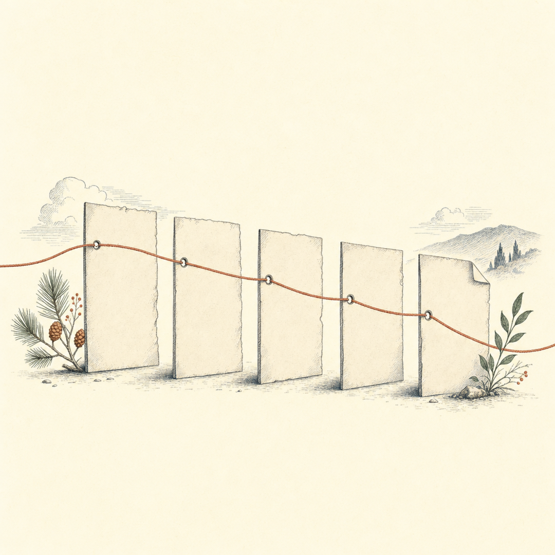 A thread weaving through a row of pages, tracing a gently falling curve.
