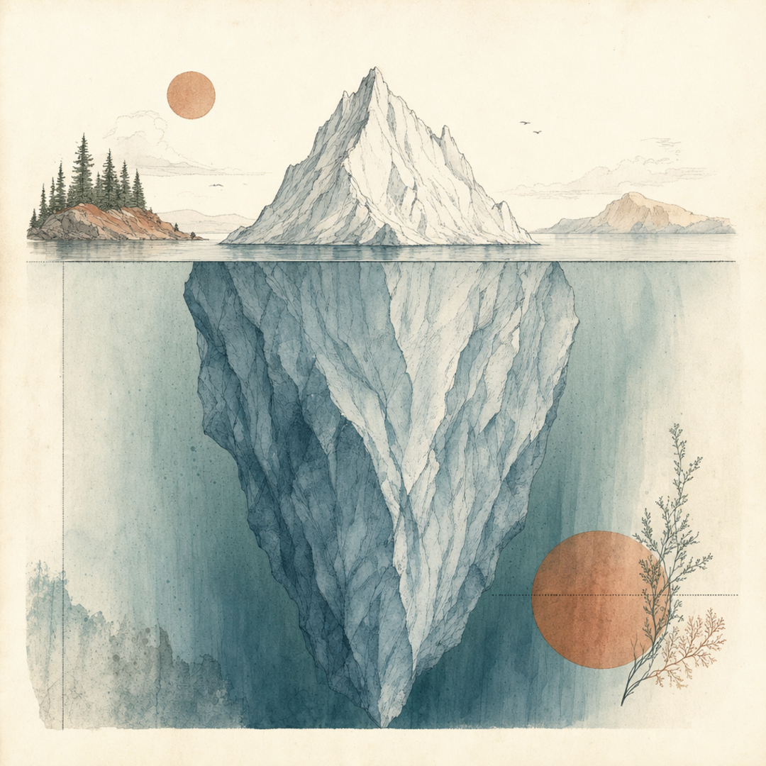 A serene iceberg, nine tenths below the waterline.