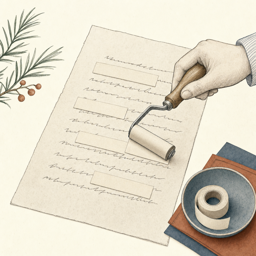 A small hand roller applying neat blank masking labels over lines of handwritten text.