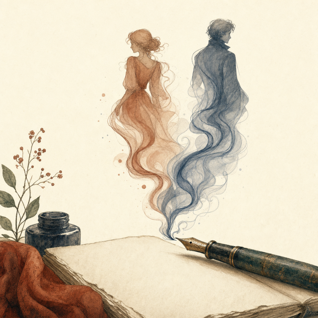 A fountain pen conjuring two translucent fictional silhouettes rising from a blank page.