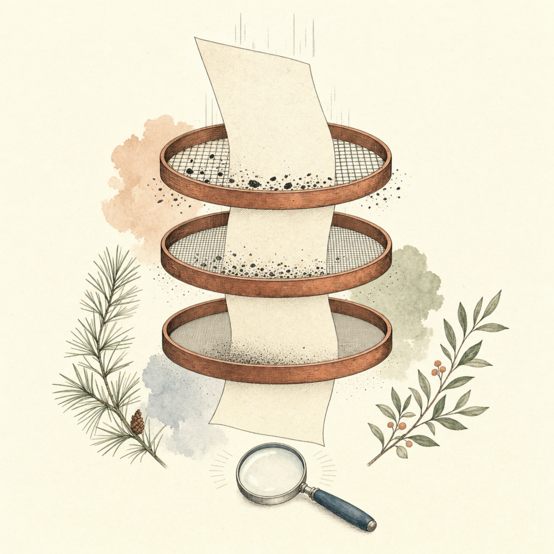 A marked sheet of paper passing down through three sieves of progressively finer mesh, each catching dark ink marks; a magnifying glass inspects the cleaner sheet below.